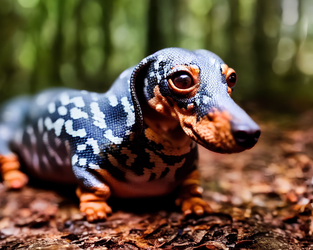 Blue and Black Patterned Toy Dachshund Against Blurred Natural Background