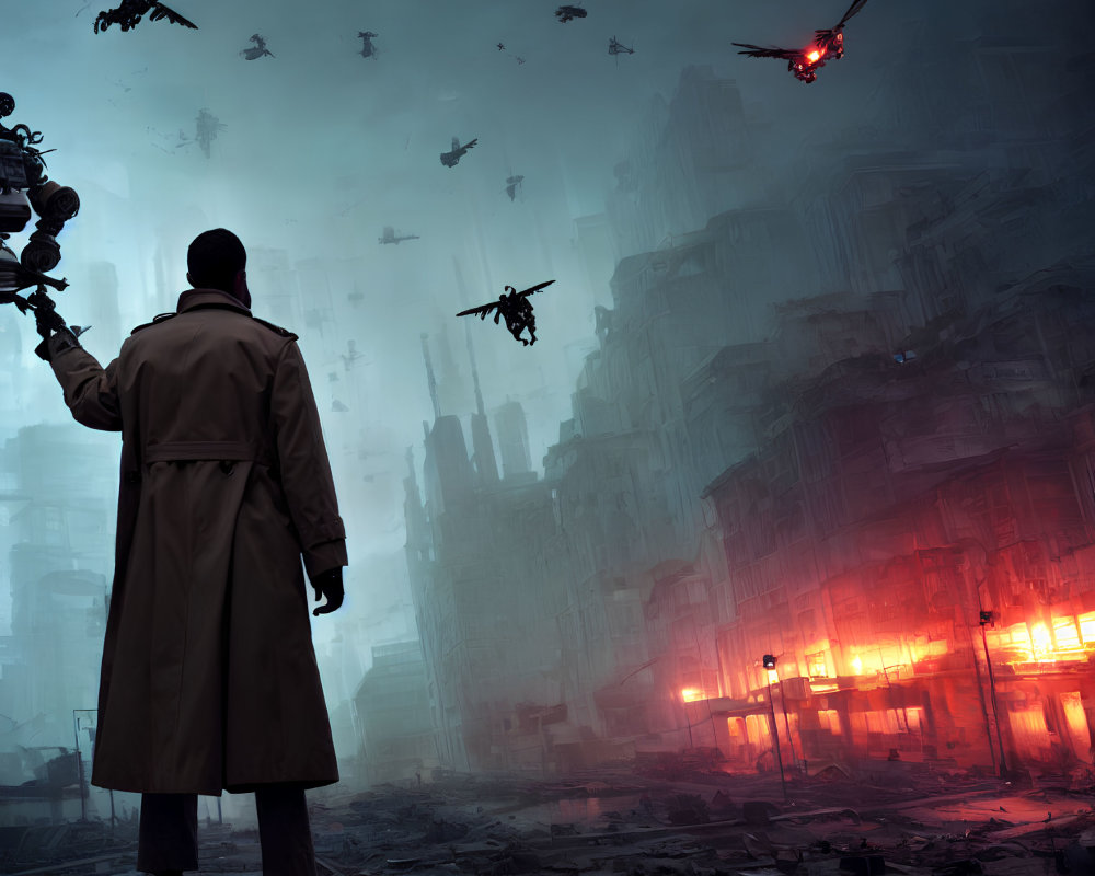 Person in trench coat gazes at flying drones in dystopian cityscape