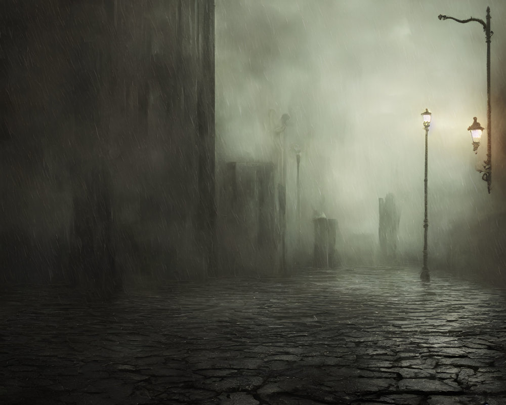 Foggy cobblestone street at night with antique street lamps