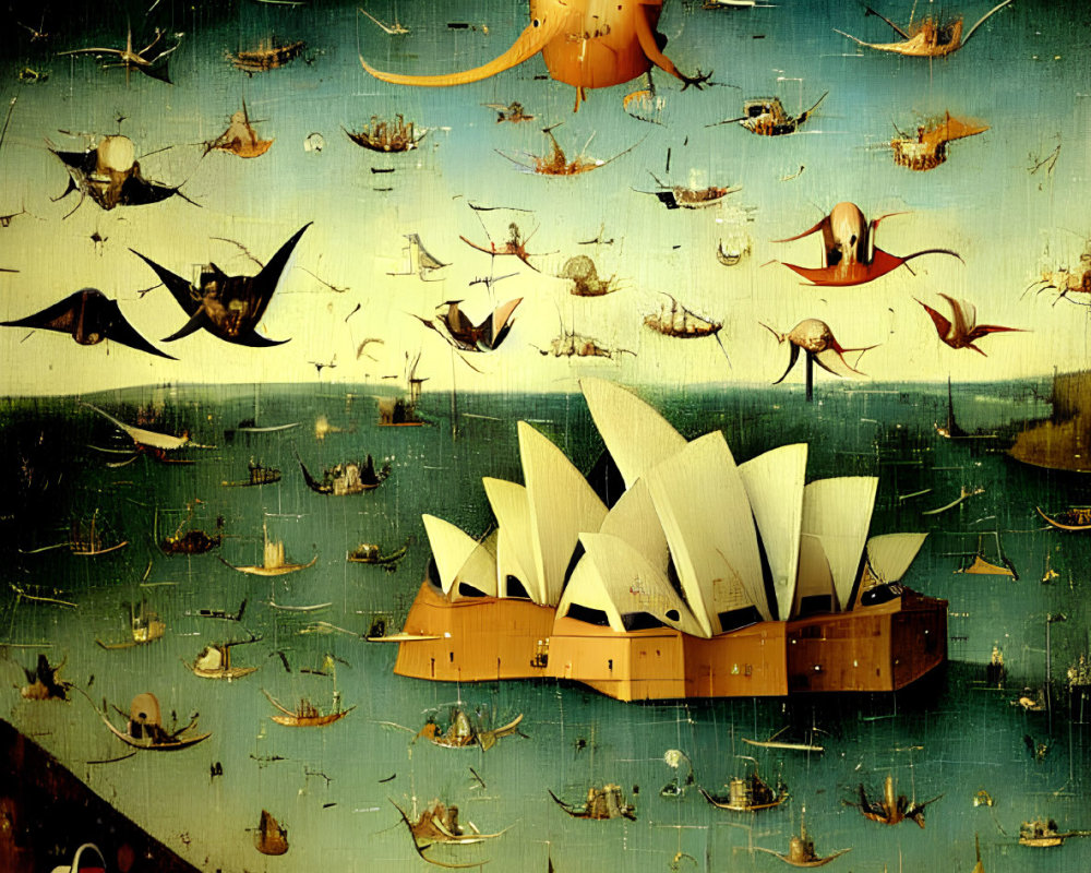 Surrealist painting: Sydney Opera House as ship with whimsical creatures on dark sea