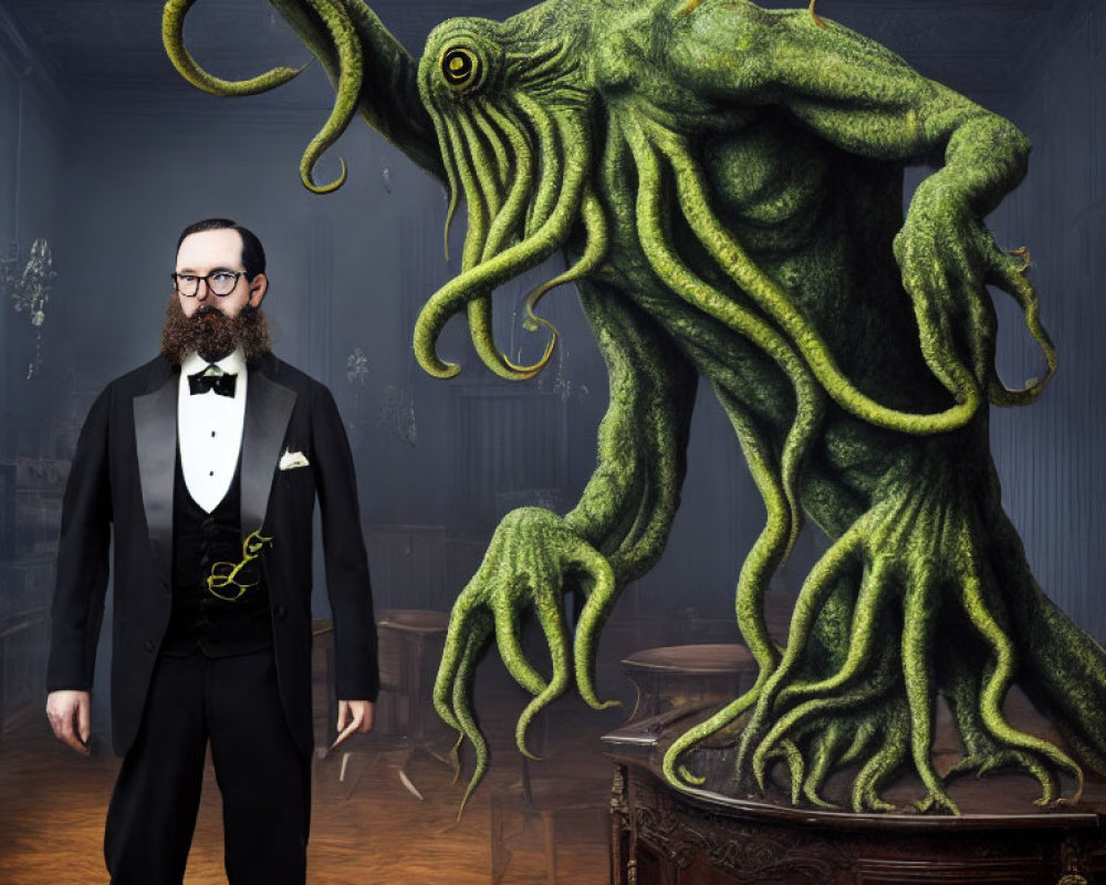Bearded man in black tuxedo with green octopus creature in dark vintage room