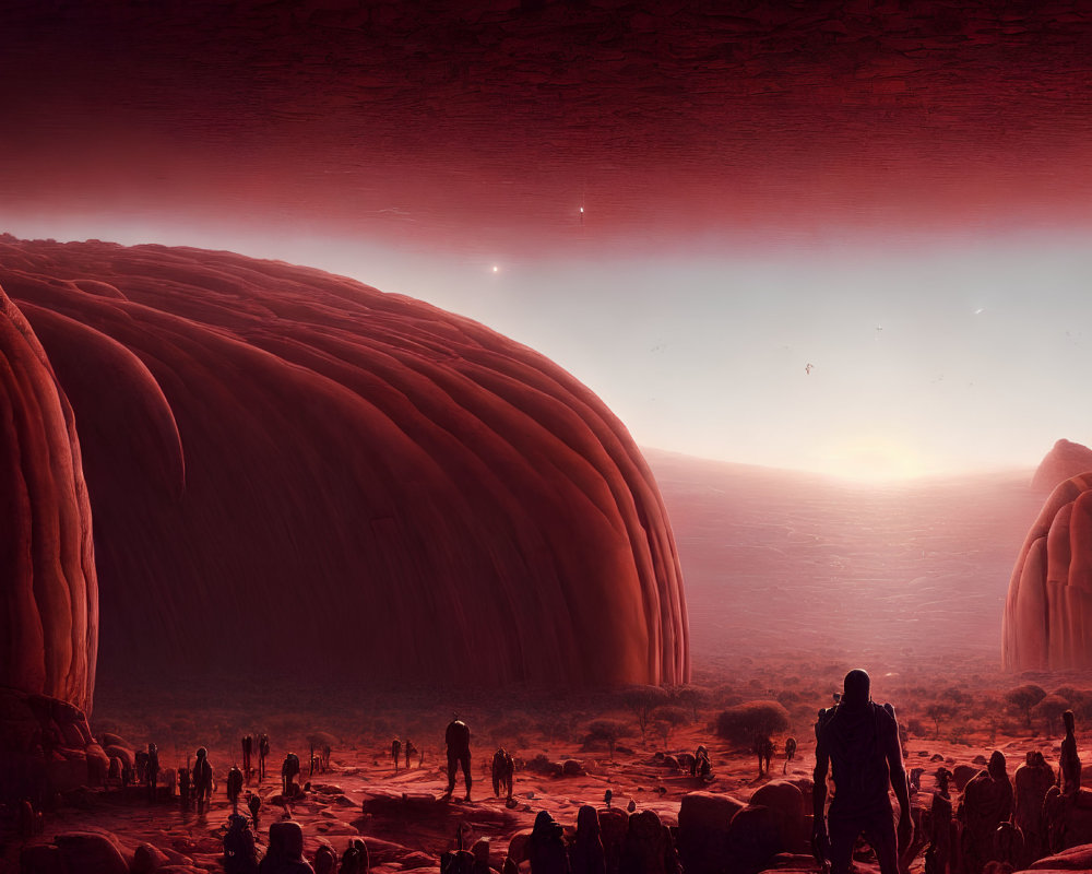 Futuristic desert landscape with human figures under reddish sky