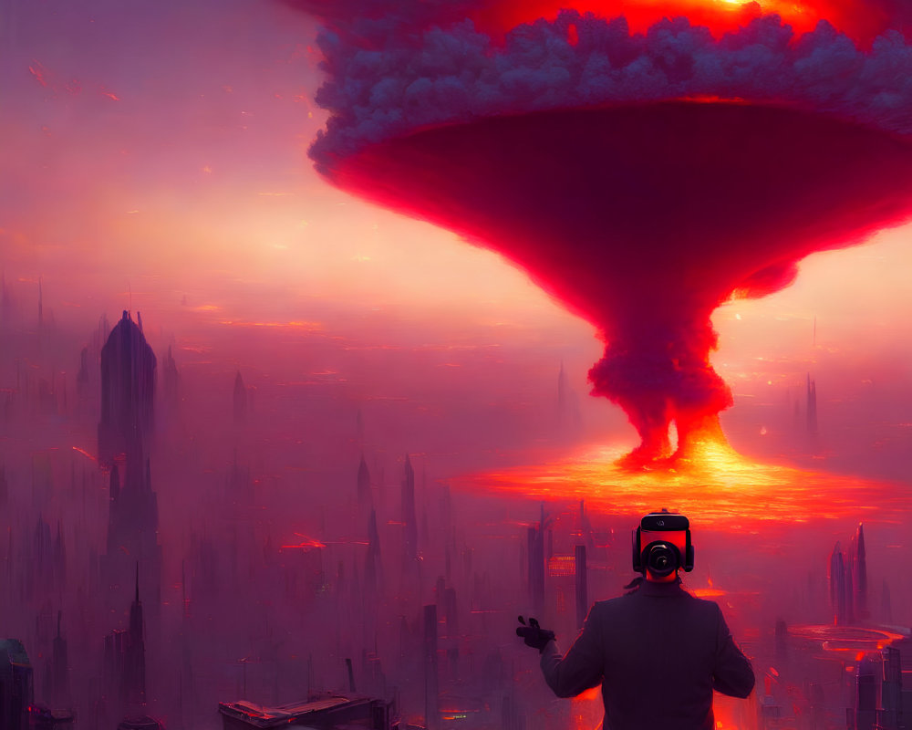 Futuristic cityscape with massive fiery mushroom cloud