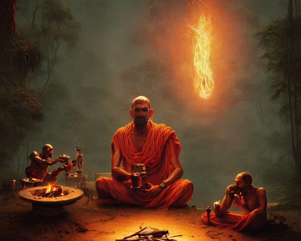 Three monks in forest: meditating, making tea, by campfire, mystical fire symbol in sky