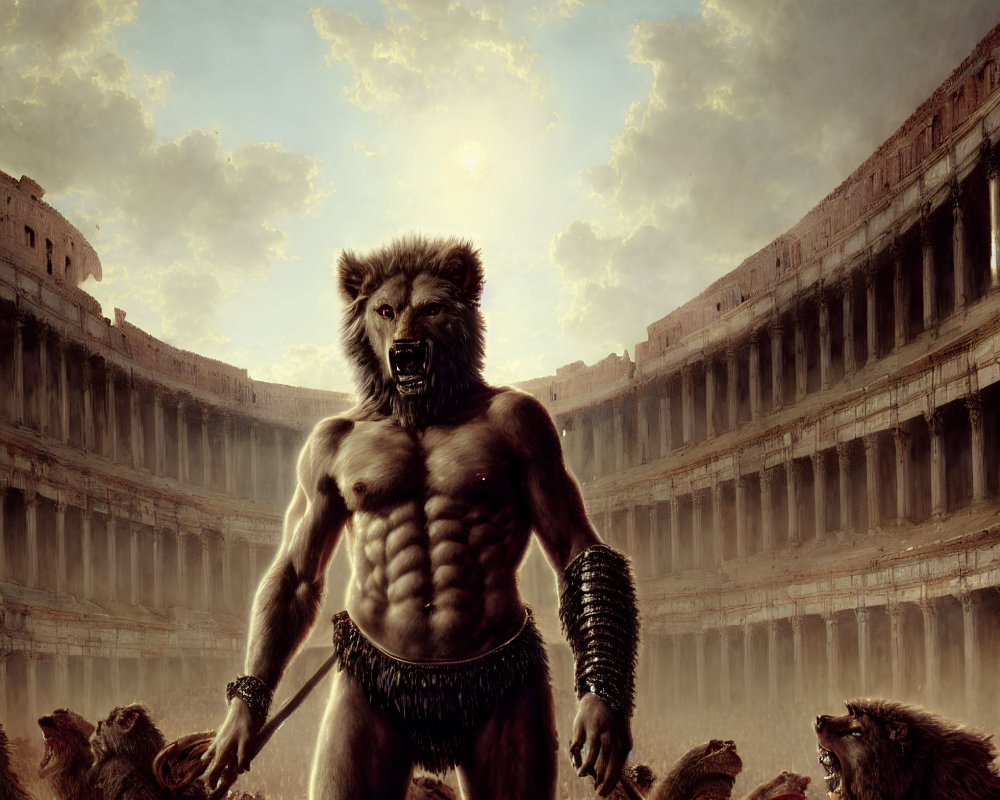 Muscular lion-headed humanoid in gladiator attire in ancient arena with lions under dramatic sky.