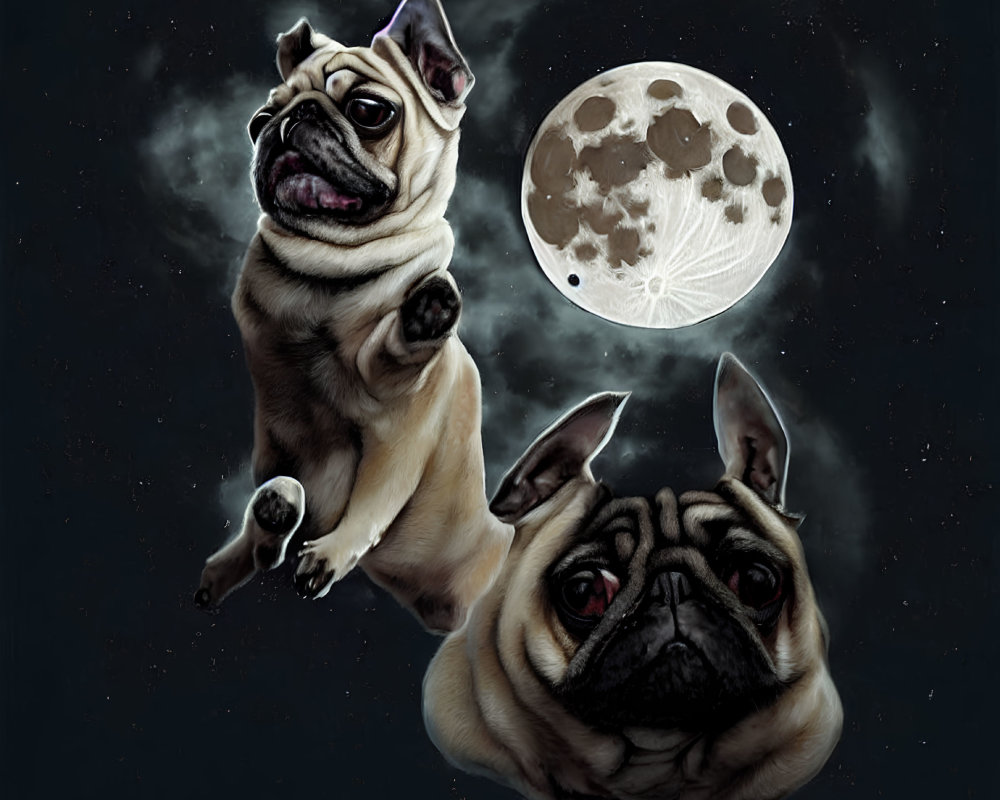 Two pugs in space with moon and stars.