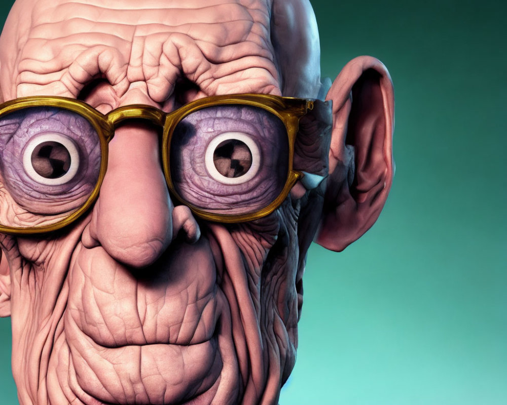 Elderly Animated Character with Exaggerated Features on Turquoise Background