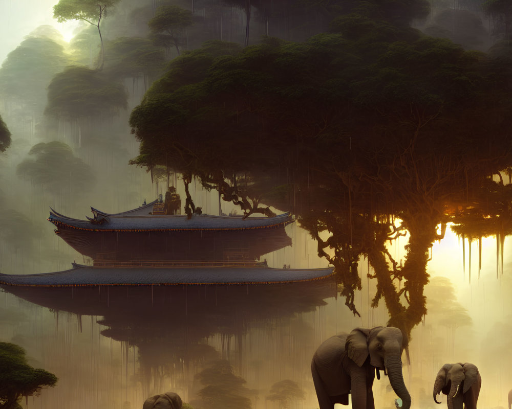 Traditional pagoda floating in misty forest with elephants below