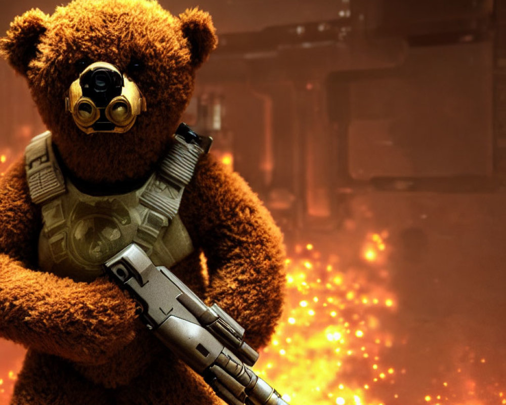 Teddy Bear with Gas Mask Holding Rifle in Fiery Scene