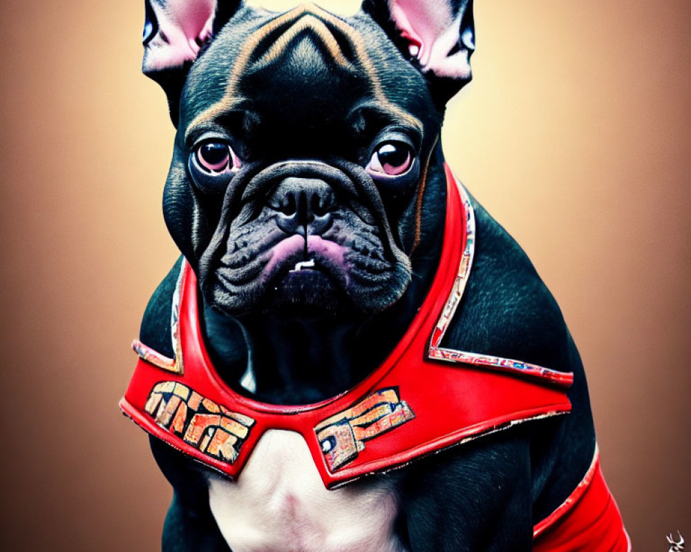 Black French Bulldog in Red & Black Jacket Poses with Stylized Text