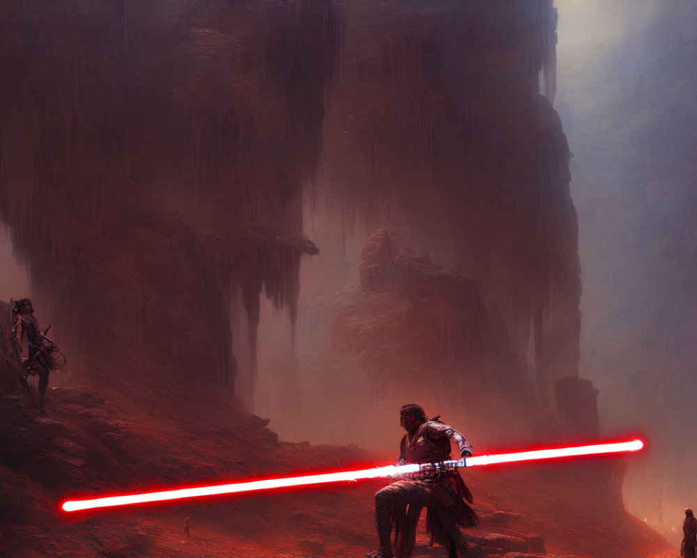 Red lightsaber-wielding figure on rocky outcrop in misty canyon landscape