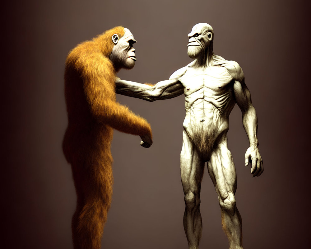 Stylized furry and muscular primates facing each other on brown backdrop