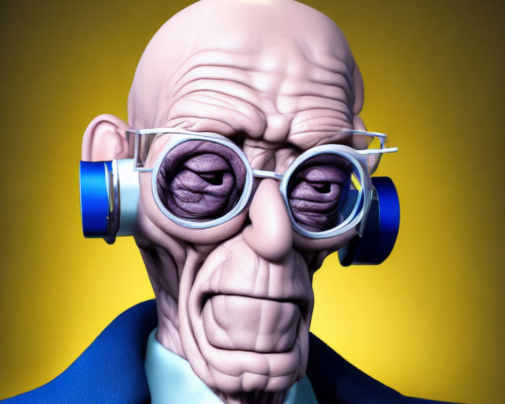 Stylized 3D illustration of elderly man with glasses and headphones