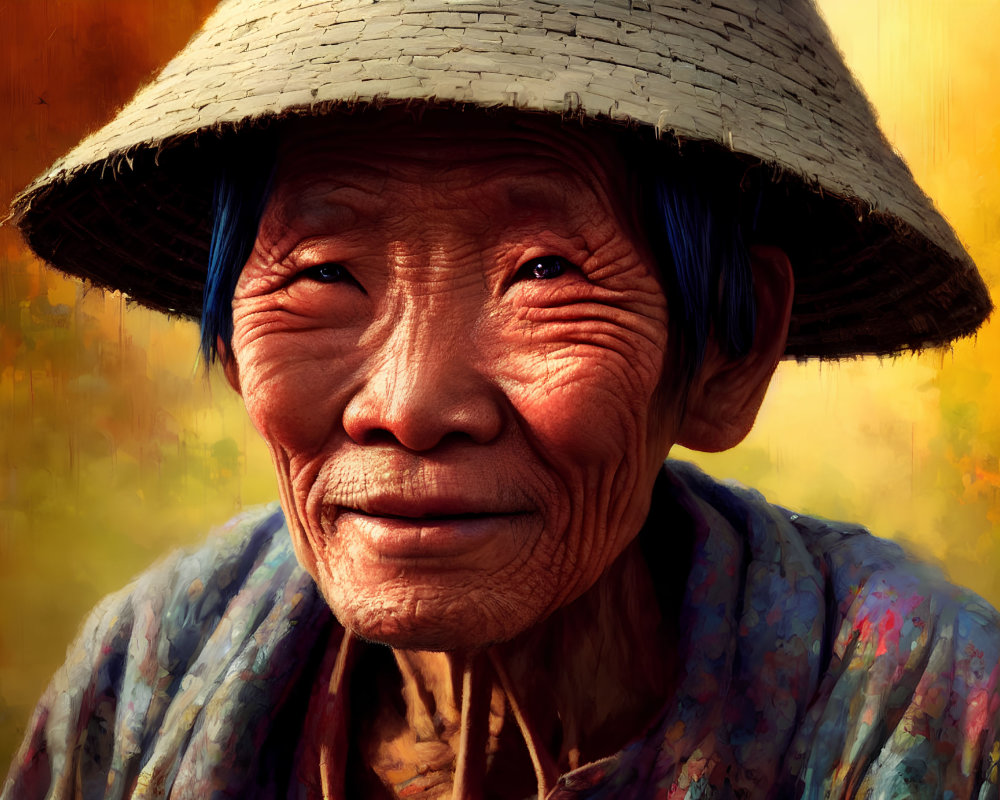 Elderly person in conical hat smiling at sunset