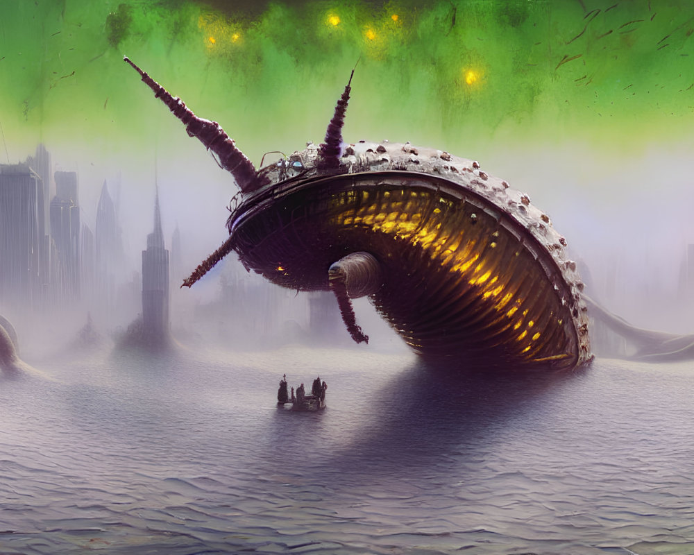 Monstrous sea creature with spiral shell near boat in futuristic cityscape