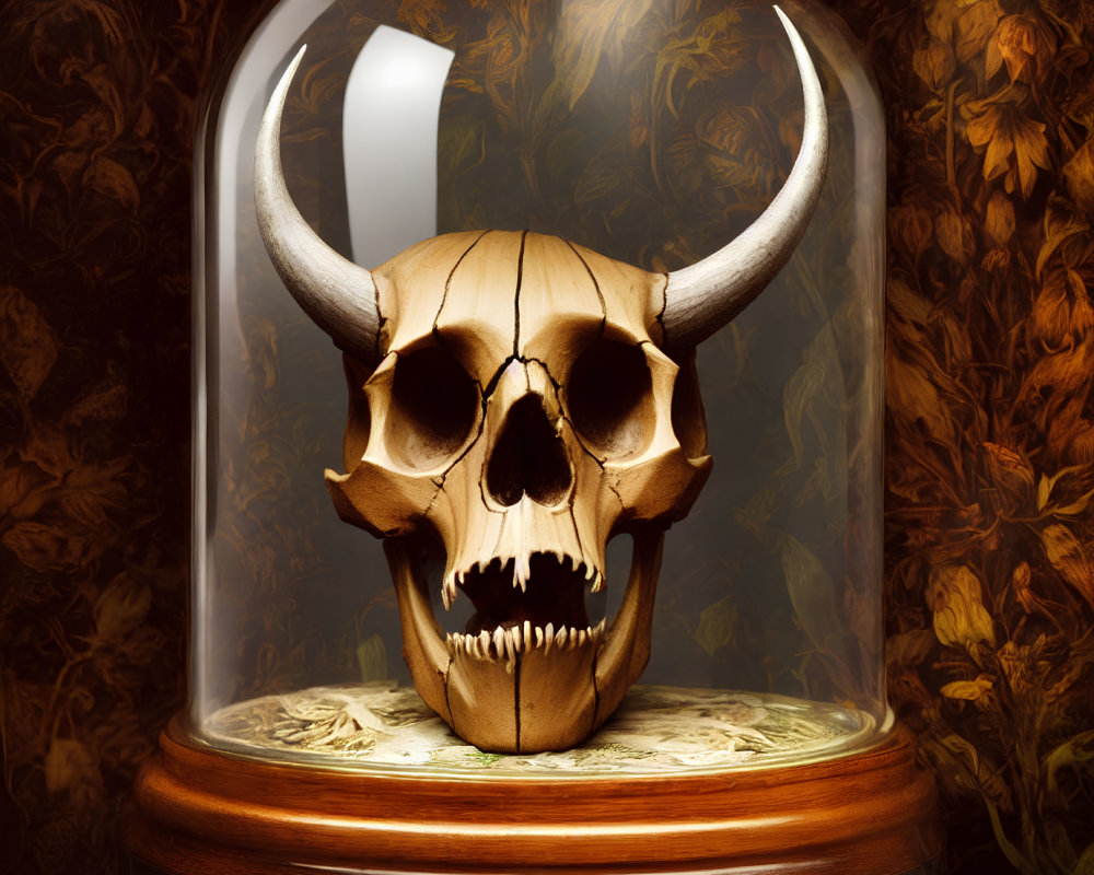 Skull with Horns Under Glass Dome on Autumnal Swirl Background