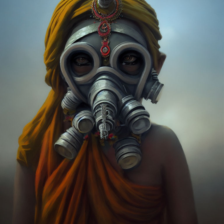 Person in Gas Mask with Ornate Decorations, Yellow-Orange Draped Fabric, Misty Background