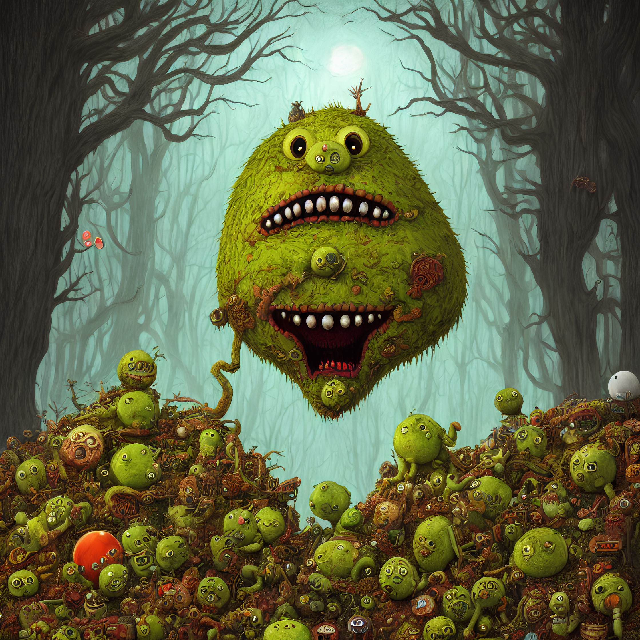 Colorful Forest Scene with Green Round Monster and Smaller Creatures