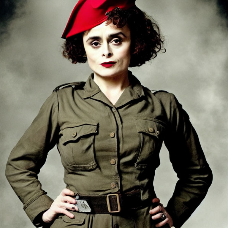 Vintage Military-Style Outfit Woman with Red Beret and Dramatic Makeup