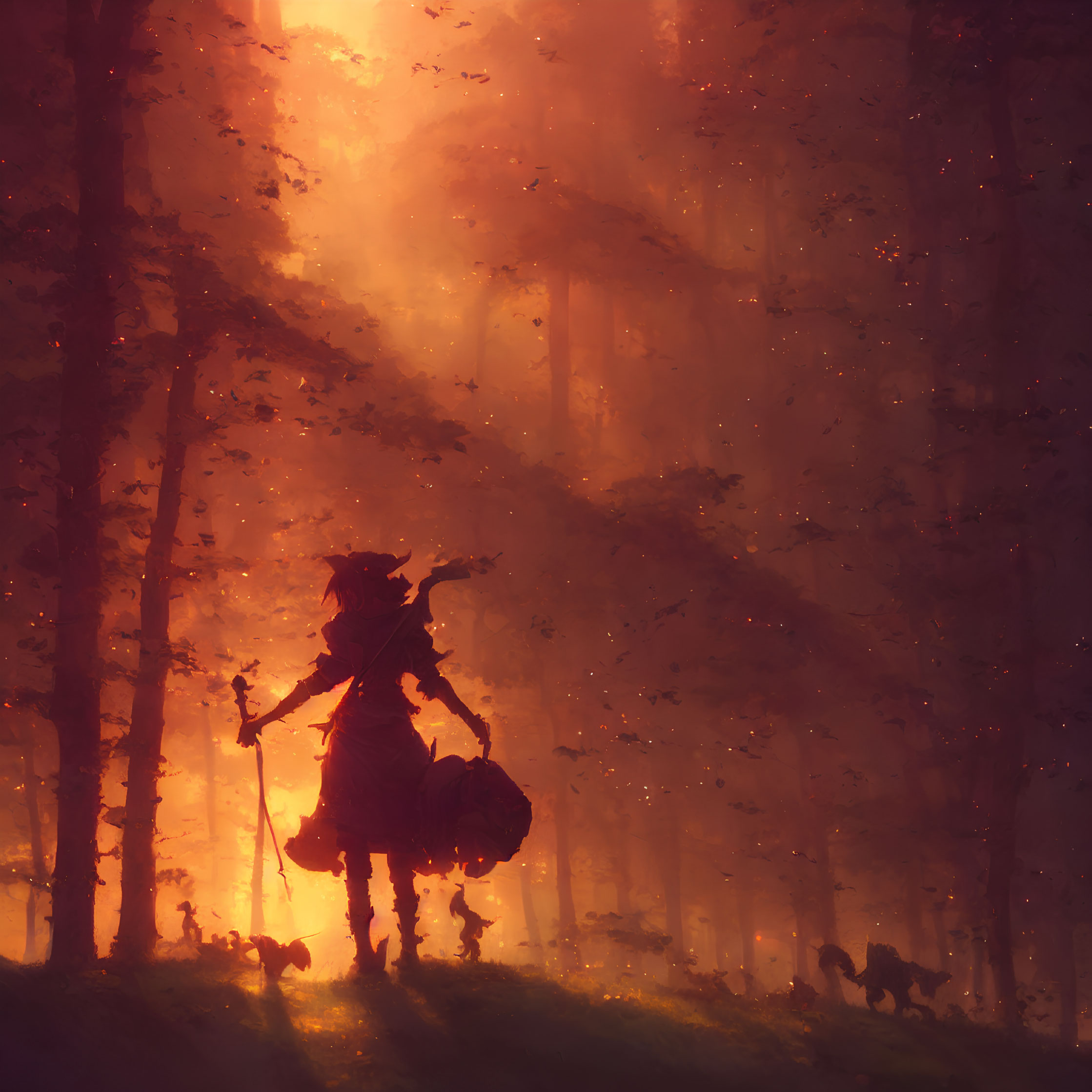 Silhouetted figure with staff and dog in warm forest sunlight