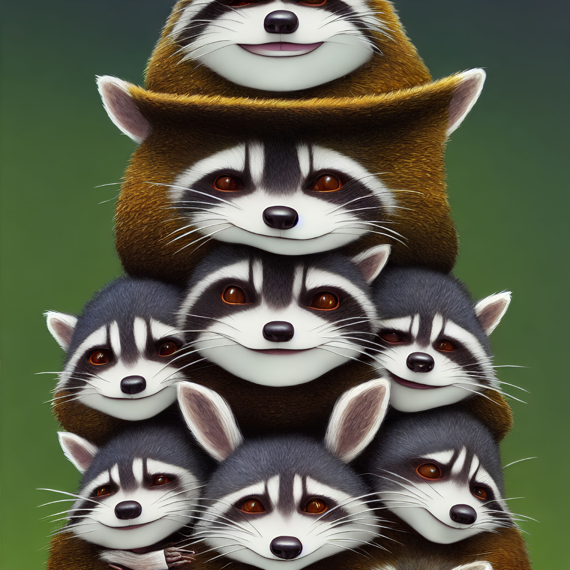 Seven smiling animated raccoons in pyramid formation on green background