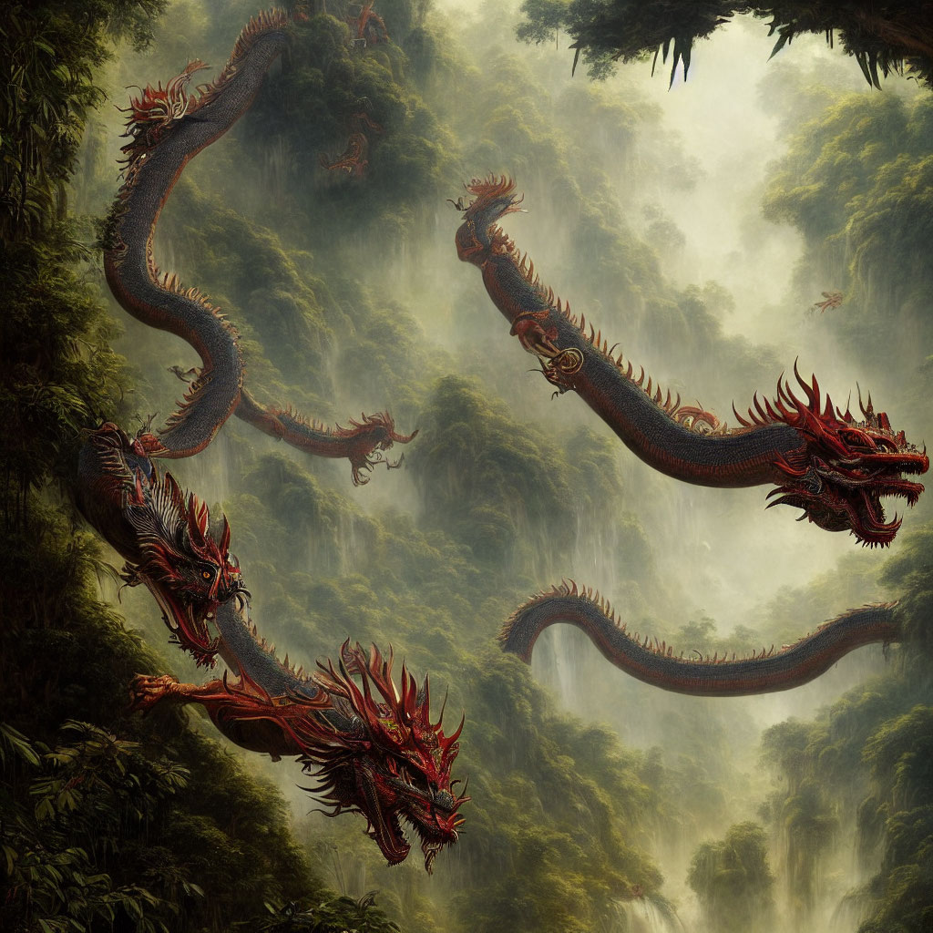 Three red dragons flying through misty canyon with waterfalls