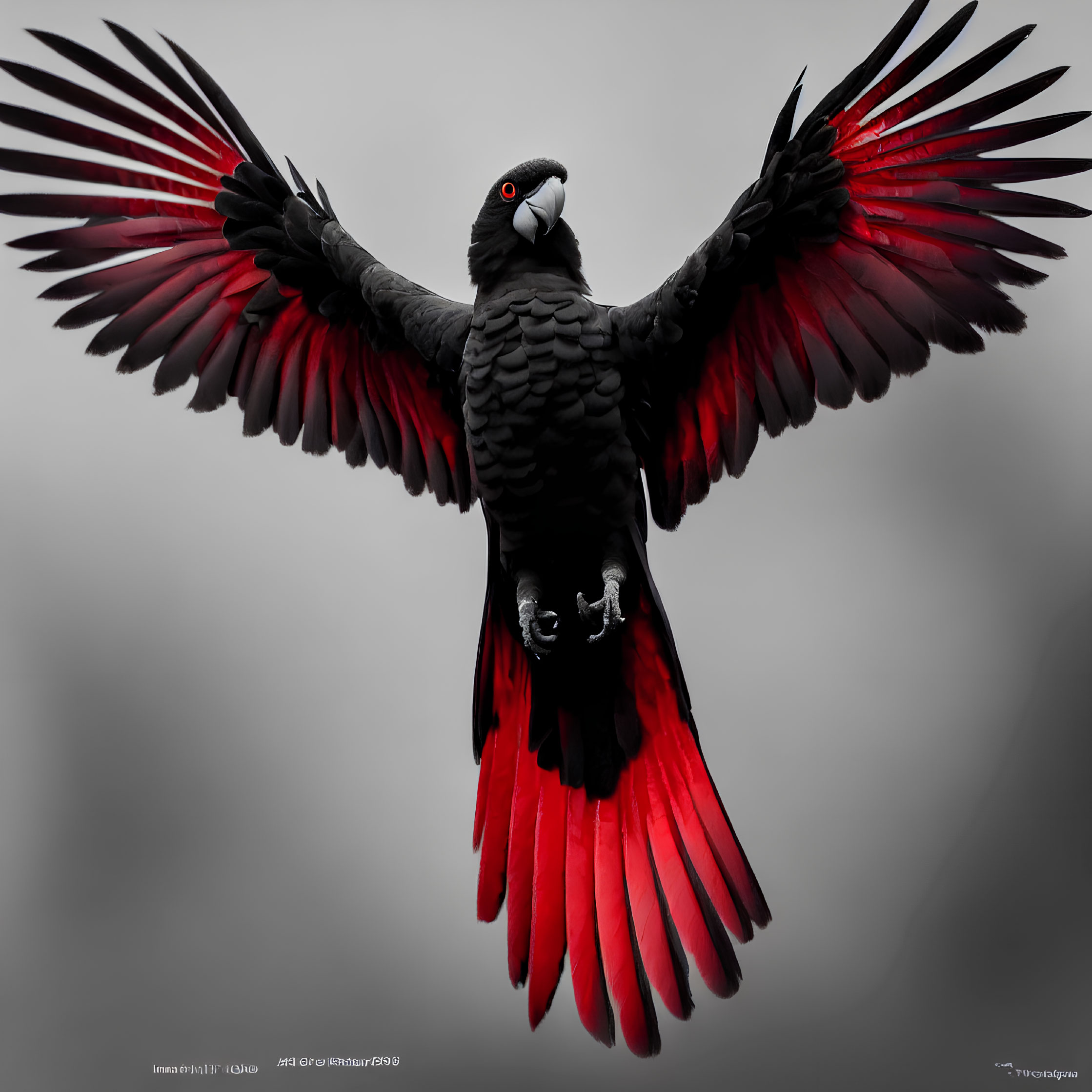 Black Cockatoo with Red Tail Feathers in Flight on Grey Background