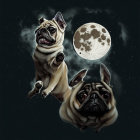 Two pugs in space with moon and stars.