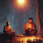 Monks Meditating by Fire Amid Lab Equipment and Mysterious Trees