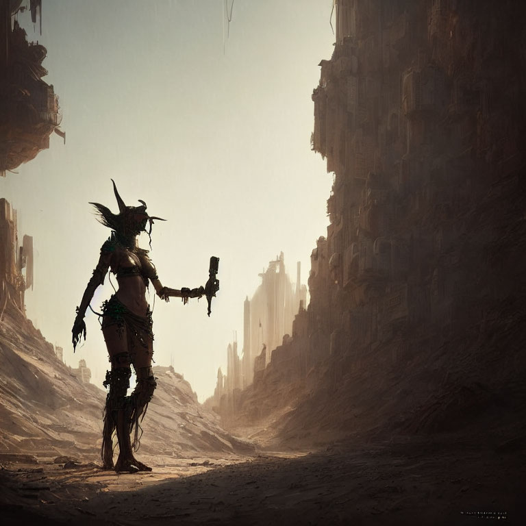 Futuristic warrior with spear in desolate canyon landscape