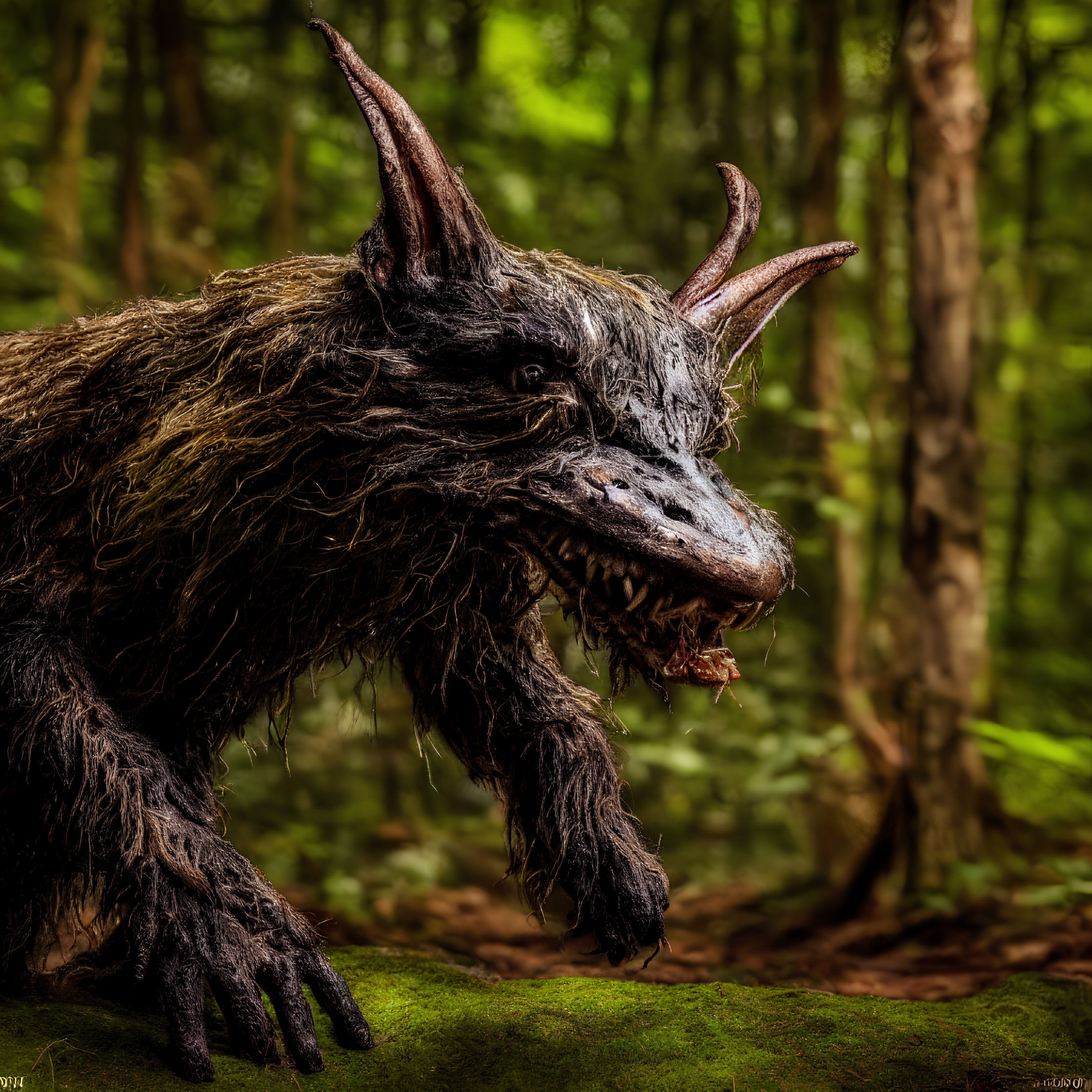 Menacing creature with sharp horns and fangs in wild woods