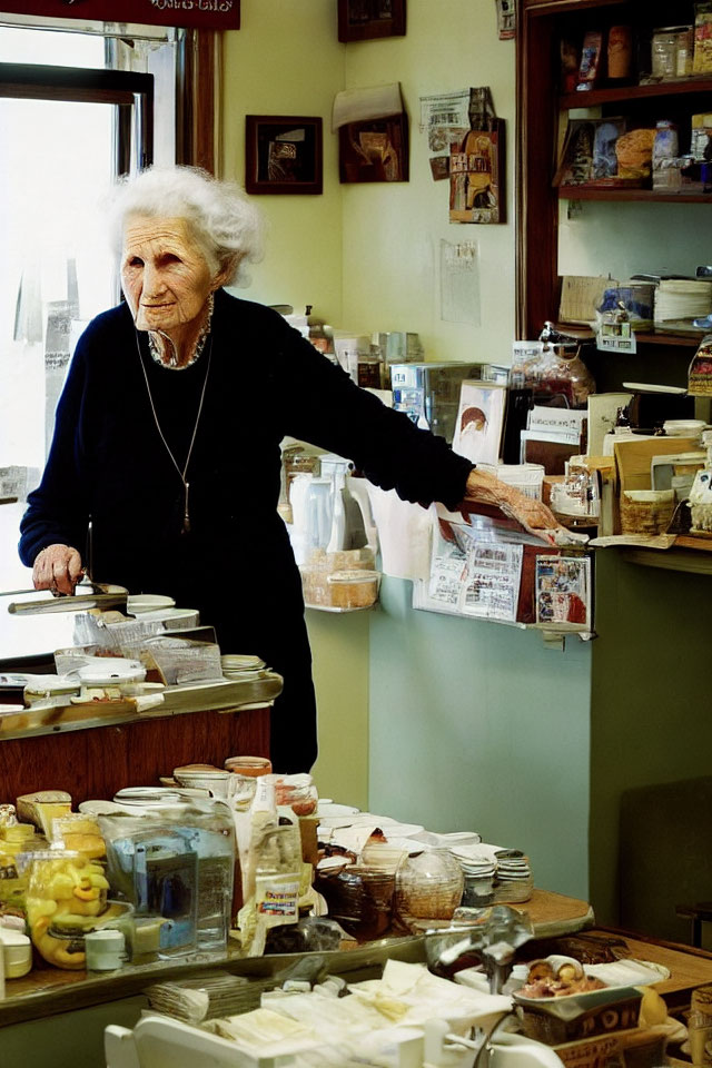Elderly woman in cozy shop surrounded by stocked shelves
