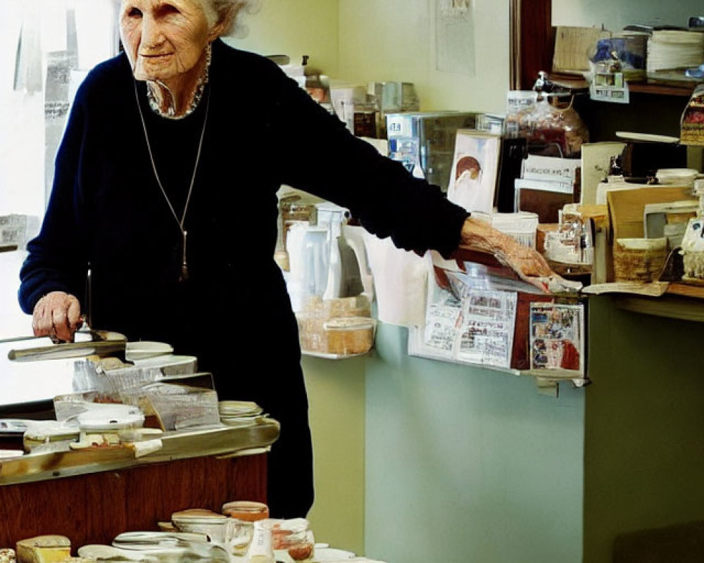Elderly woman in cozy shop surrounded by stocked shelves