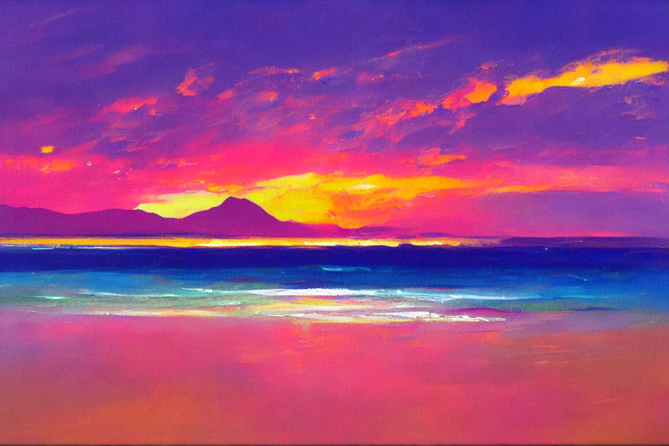 Vibrant sunset painting with orange and purple skies over tranquil blue sea
