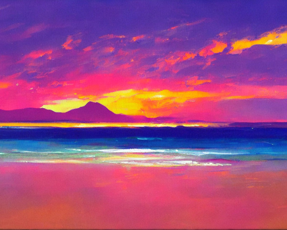 Vibrant sunset painting with orange and purple skies over tranquil blue sea