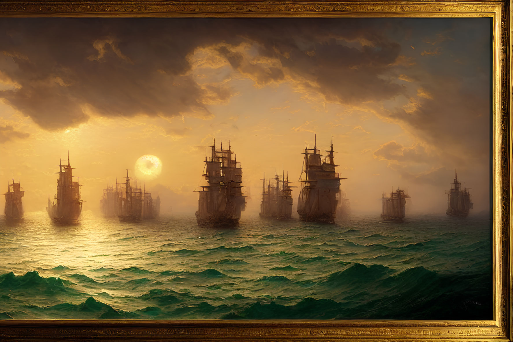Tall ships sailing on tumultuous sea at sunset