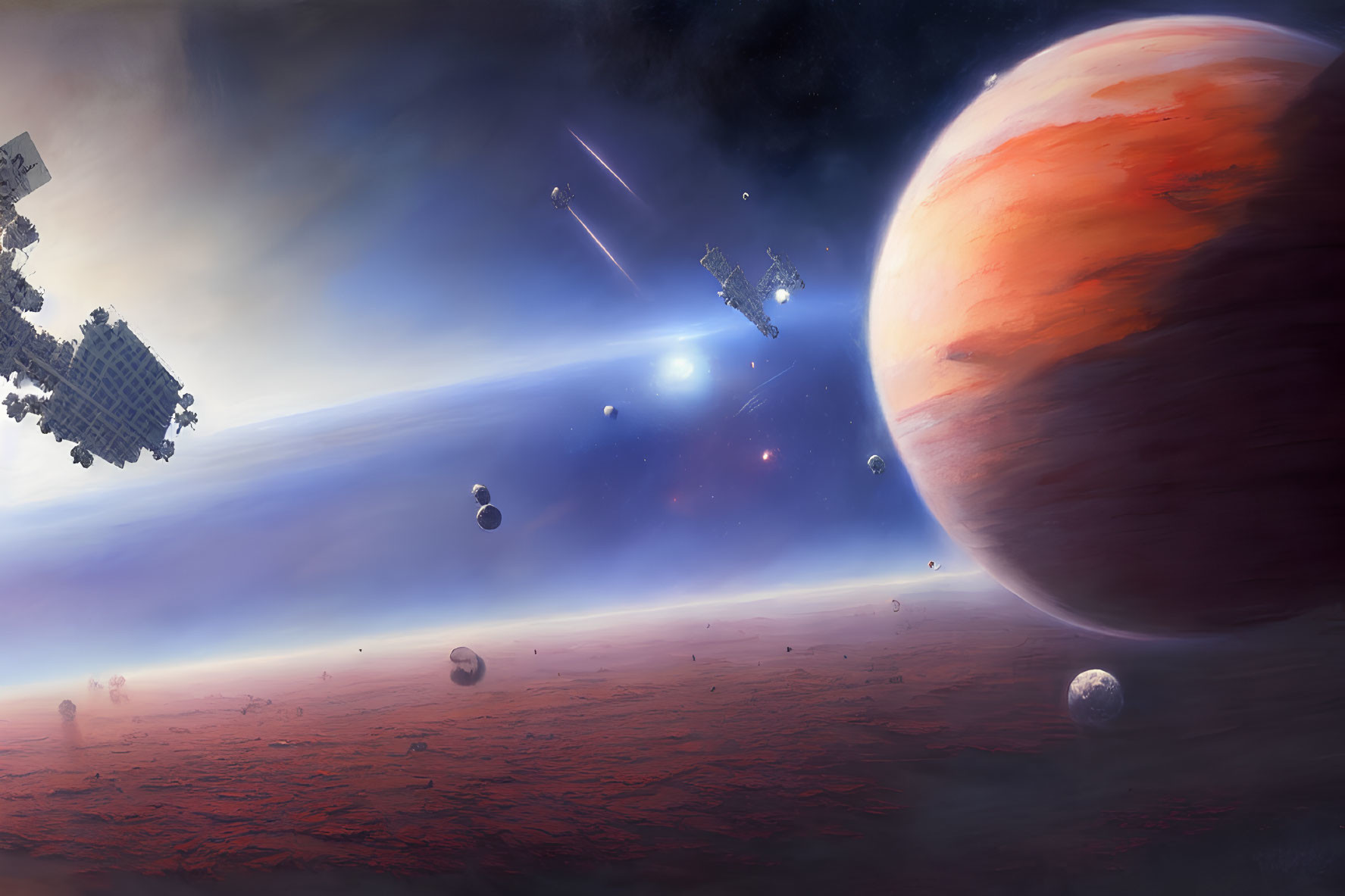 Sci-fi scene: spaceships, red planet, floating rocks, distant sun