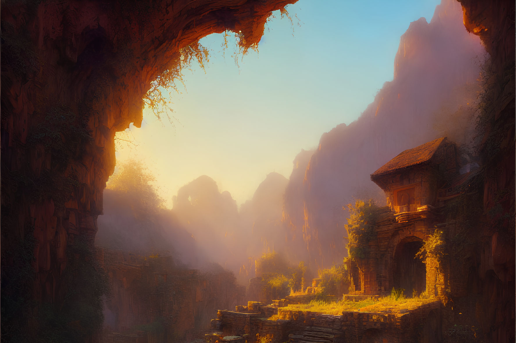 Sunlit Valley with Ancient Ruins and Solitary House Amid Cliffs