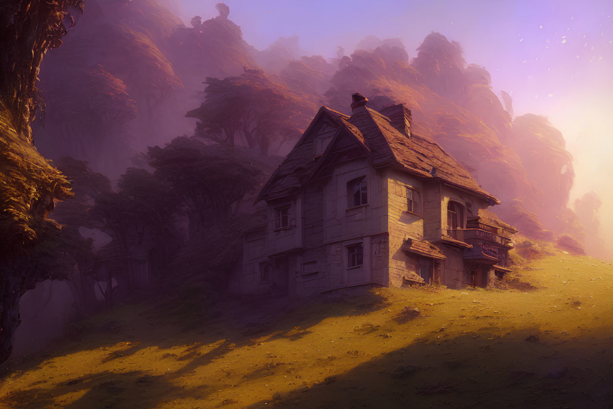 Solitary house in mystical forest with golden light at dusk