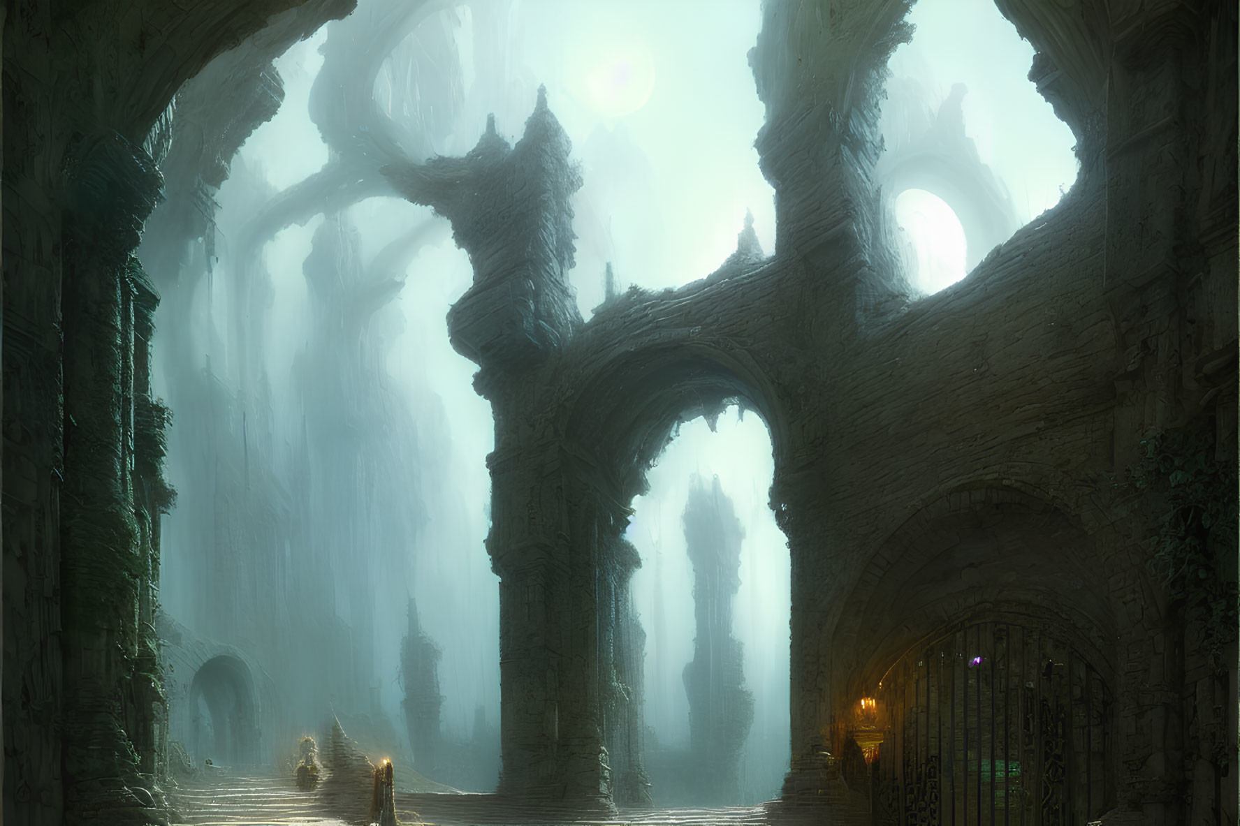 Ethereal ancient ruin with towering arches and misty atmosphere.
