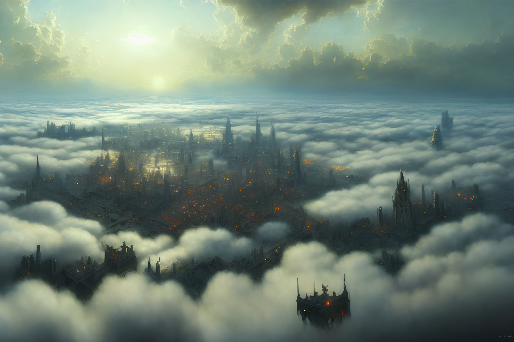 Cityscape at Dusk with Clouds, Lights, Sunset, and Airships