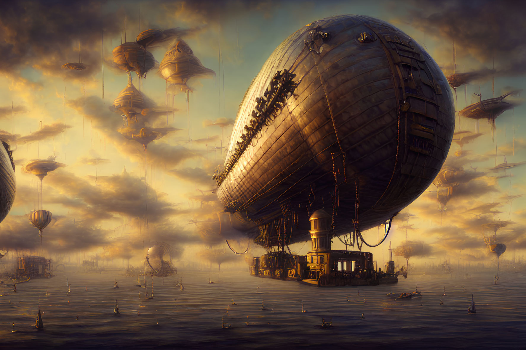 Steampunk airships over tranquil sea at sunset