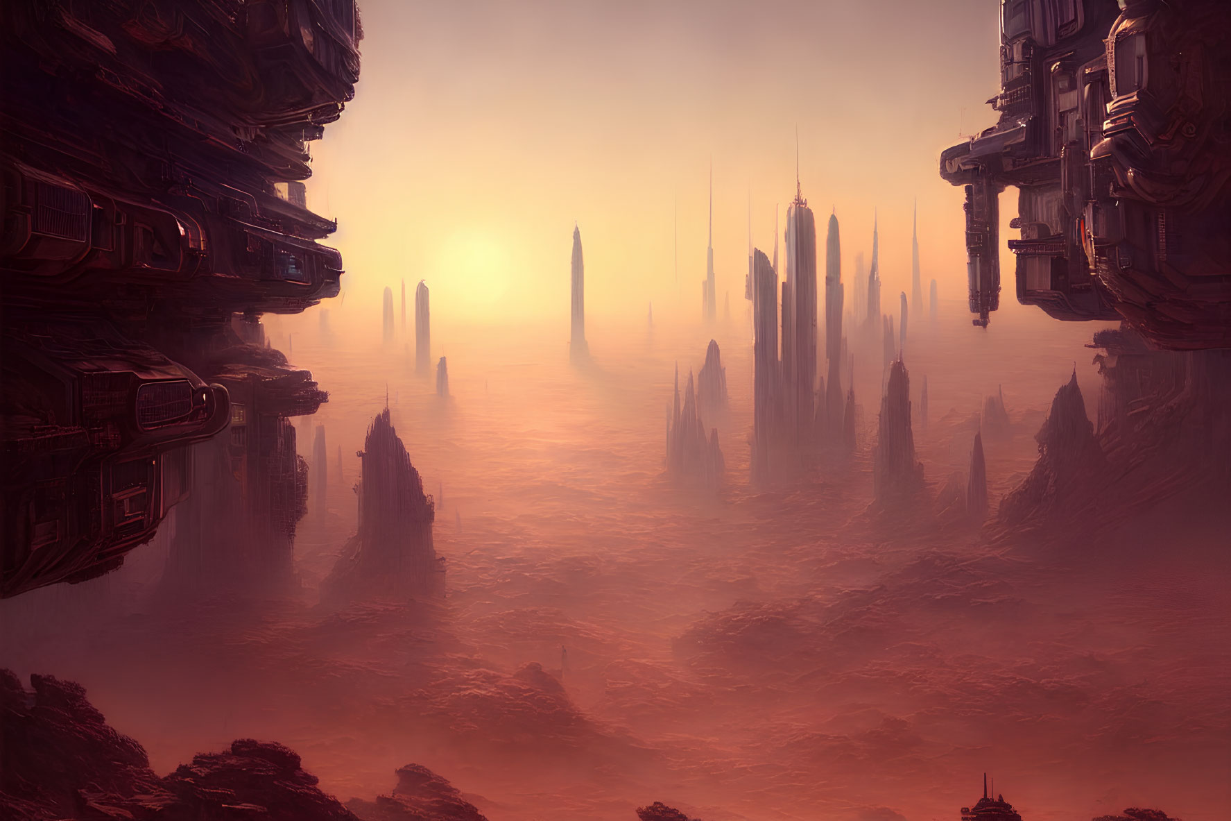 Futuristic cityscape with towering skyscrapers in hazy orange atmosphere