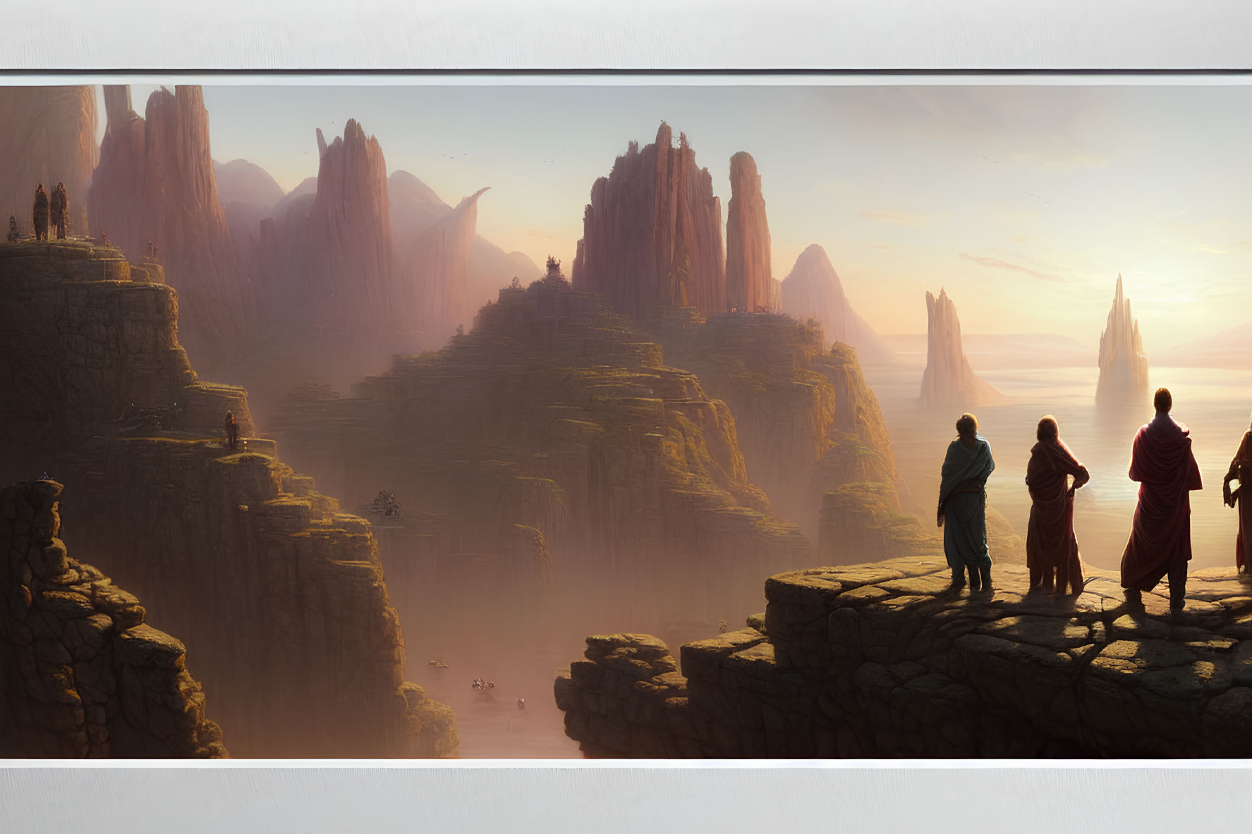 Three people on cliff overlooking vast canyon at sunrise