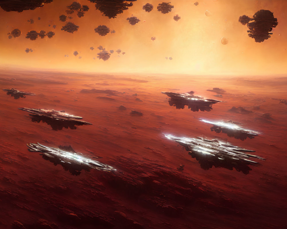 Spaceships above red alien landscape with floating rocks and large sun