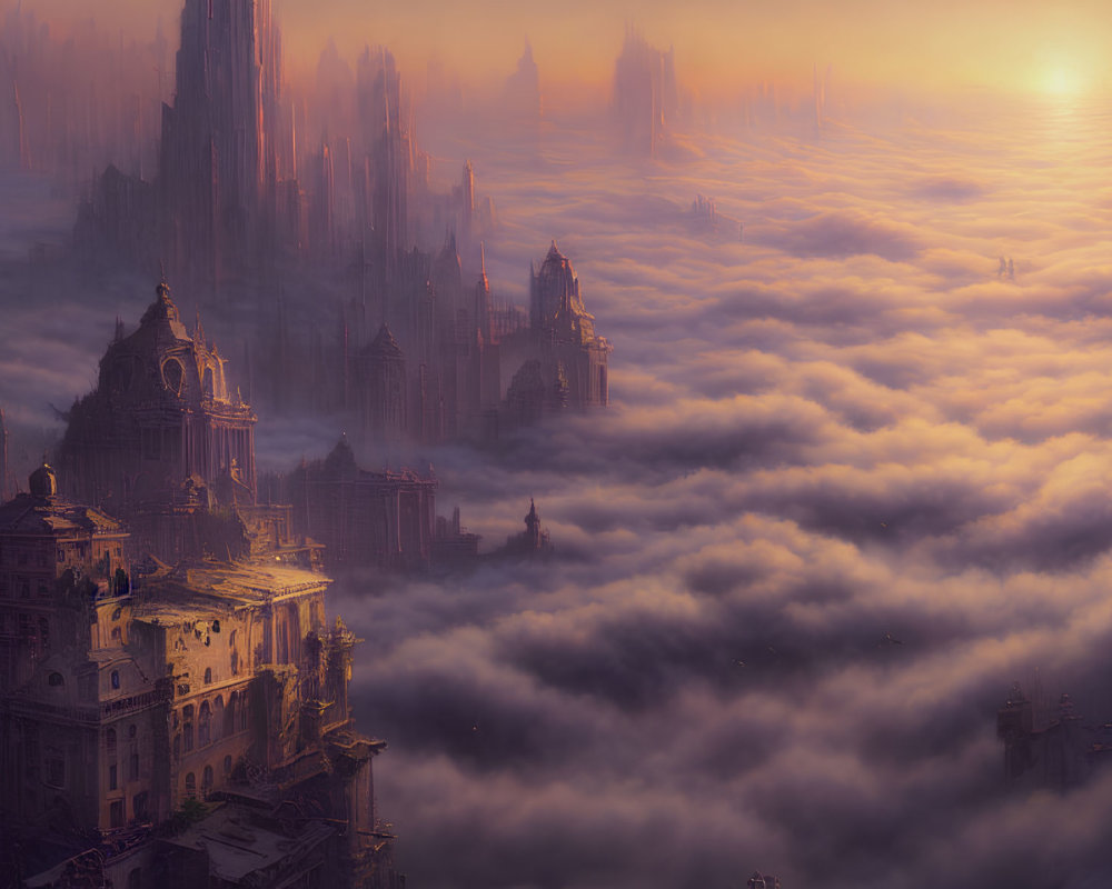 Majestic fantasy cityscape with towering spires above sea of clouds