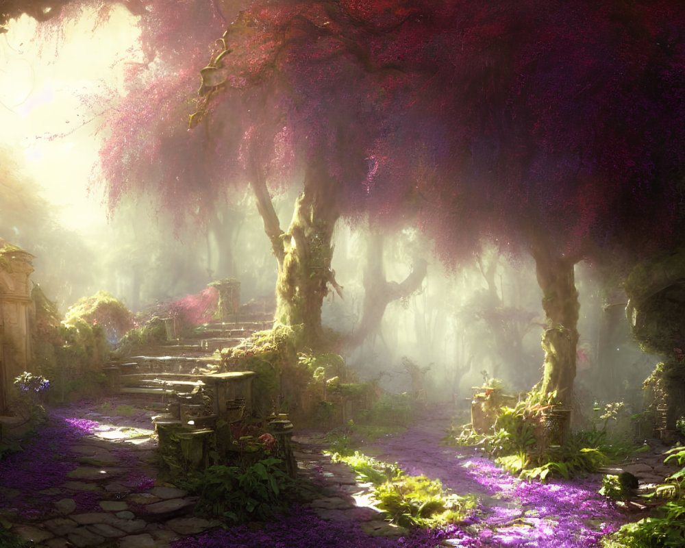 Ethereal forest scene with vibrant purple foliage and ancient stone structures