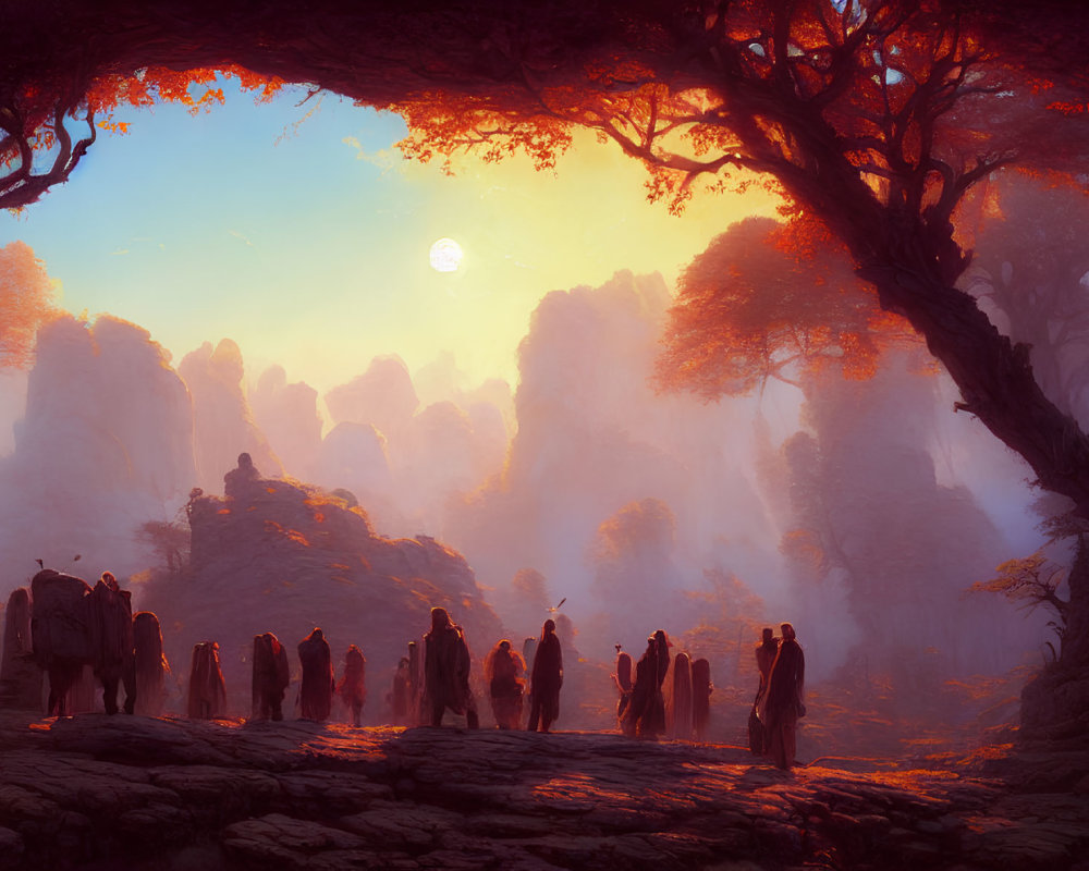 Mystical forest scene with robed figures under glowing orange leaves