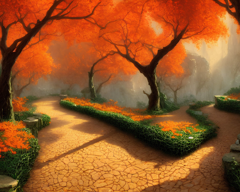 Scenic forest path with vibrant orange foliage and cobblestone walkway