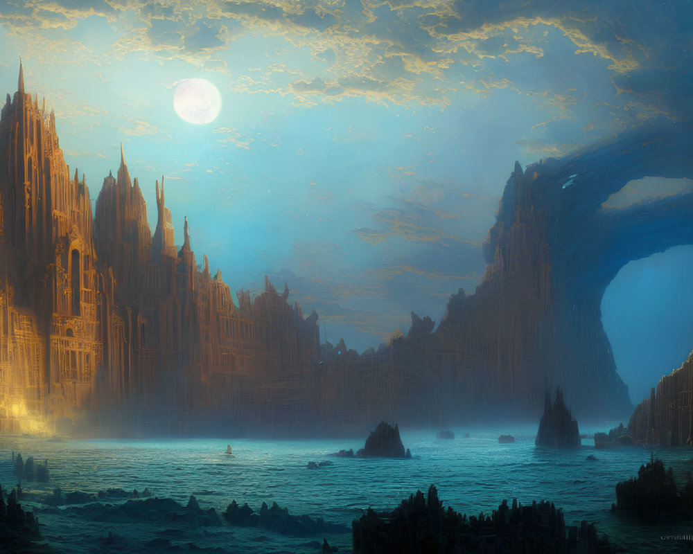 Gothic structures in fantastical moonlit landscape